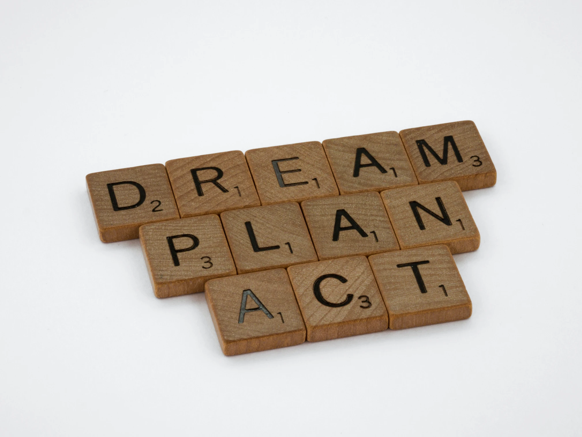 Lettres de scrabble formant les mots "Dream", "Plan" et "Act".
