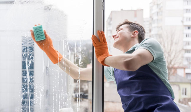 Un homme lavant les vitres d'une maison, l'une de nos ressources communautaires.