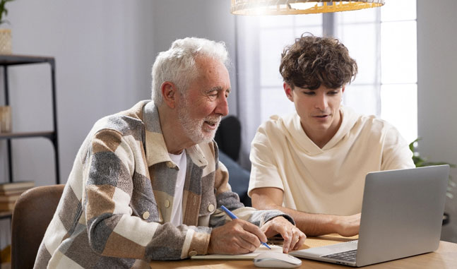 Un adolescent aidant un homme plus âgé sur un ordinateur, l'une de nos ressources communautaires.